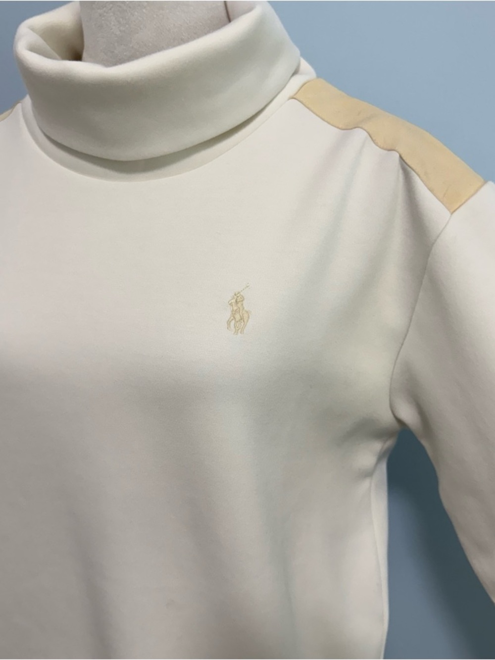 POLO RALPH LAUREN Women White Turtleneck Pullover Leather Shoulder Panels Sz M - Picture 2 of 6